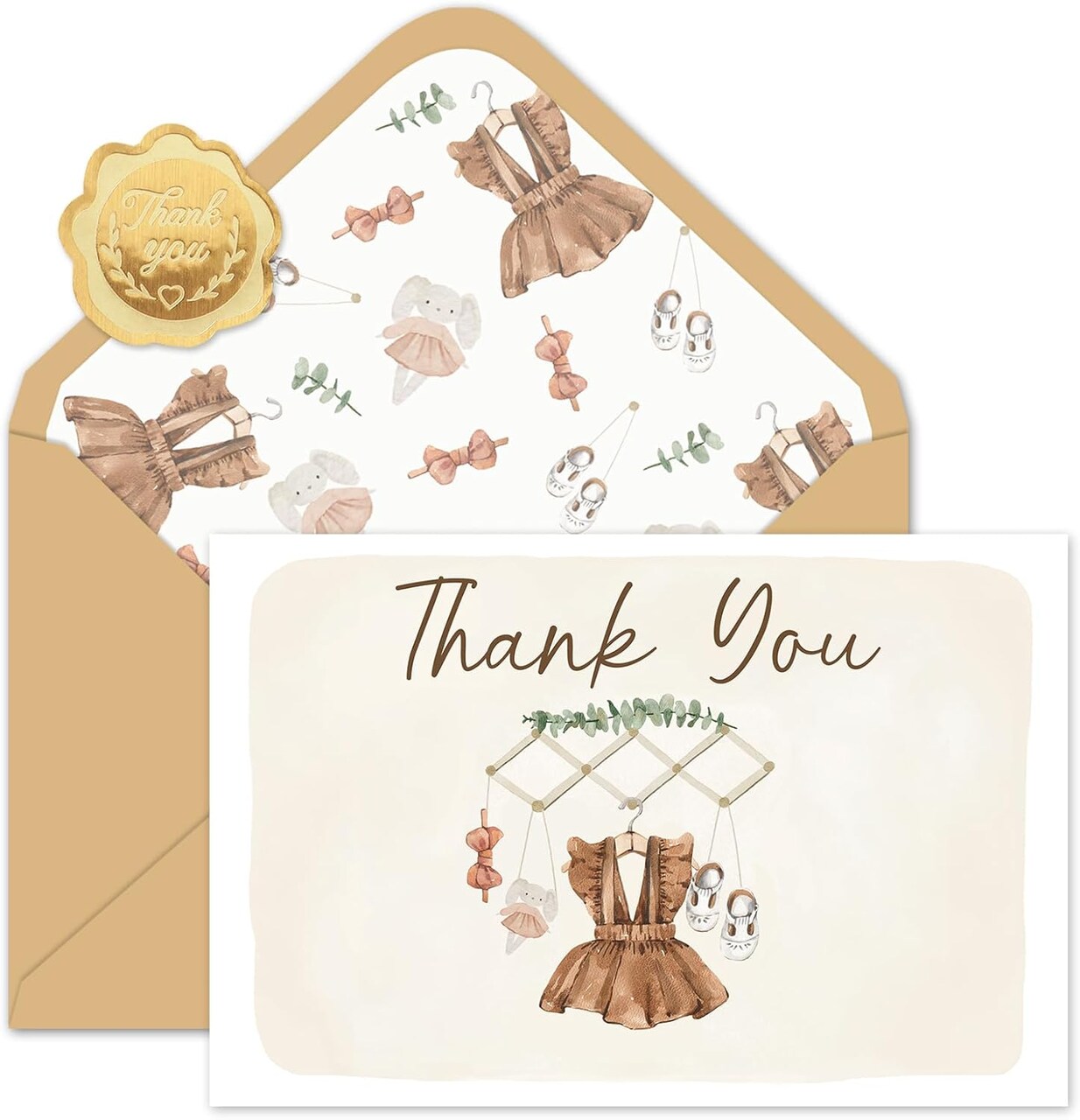 50 Pack Baby Shower Thank You Cards Boxed Vintage Khaki Cloth Note Card with Envelopes Stickers Greeting Blank Cards for Girl Birthday Baby Shower Gender Reveal